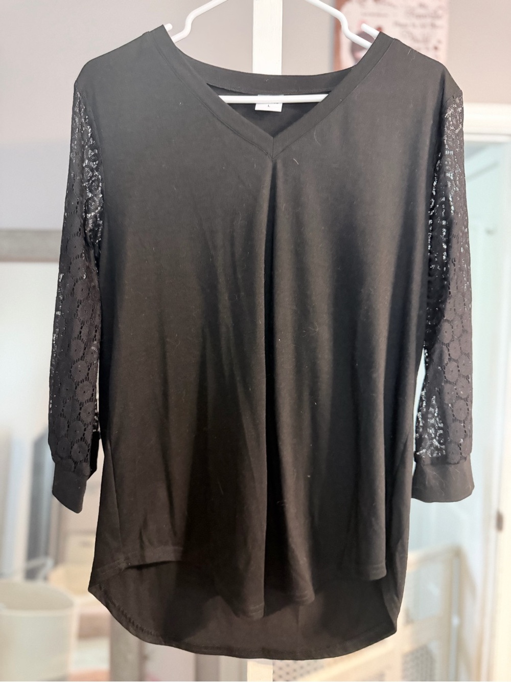 Black Lace-Sleeve V-Neck Women's Top